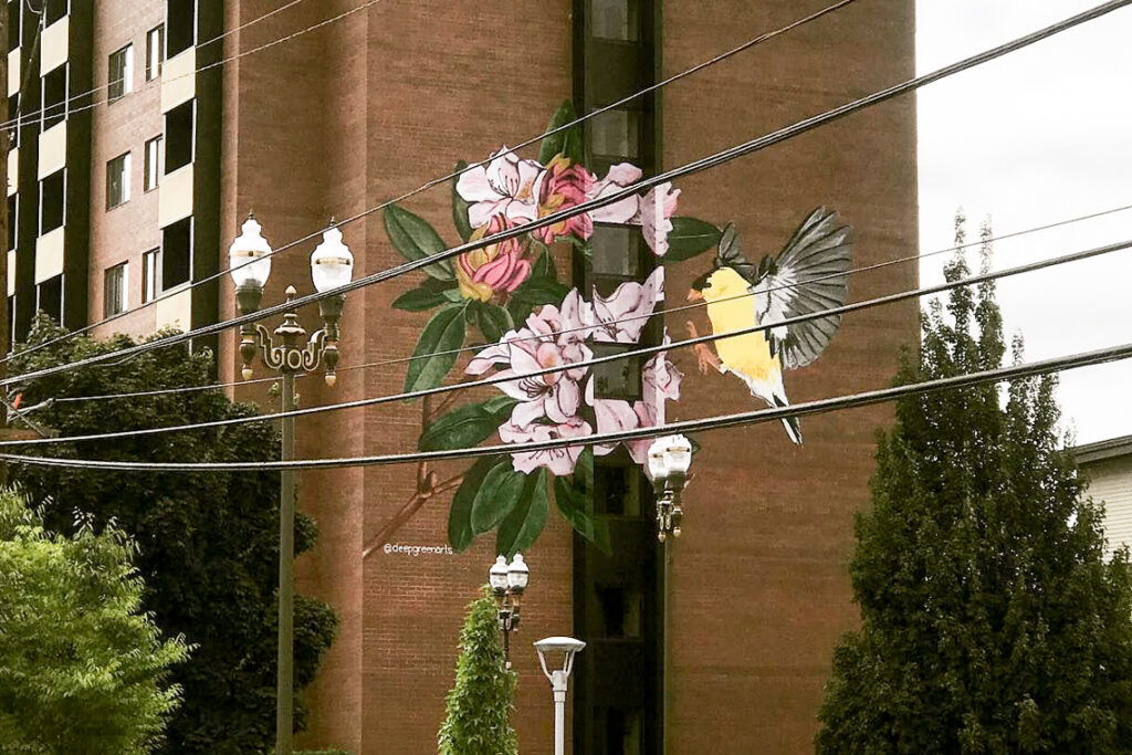 Photograph of the Van Vista Plaza mural through power lines.